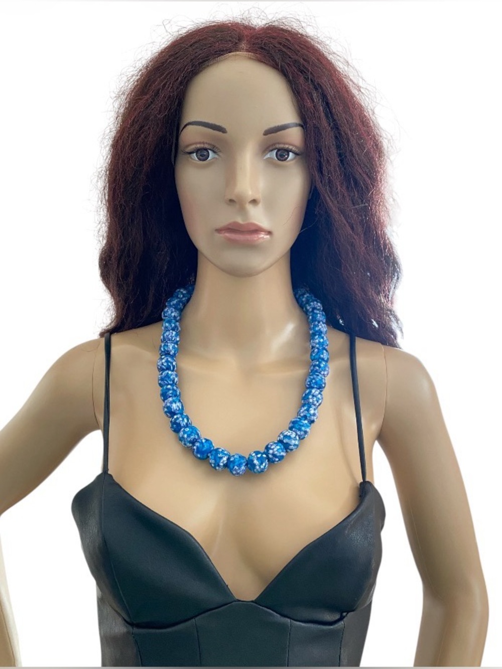 Handmade African recycled blue chunky glass beaded necklace